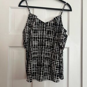#49 BAR III • COLD SHOULDER RUFFLE SPAGHETTI STRAP TOP • BLACK WHITE ABSTRACT